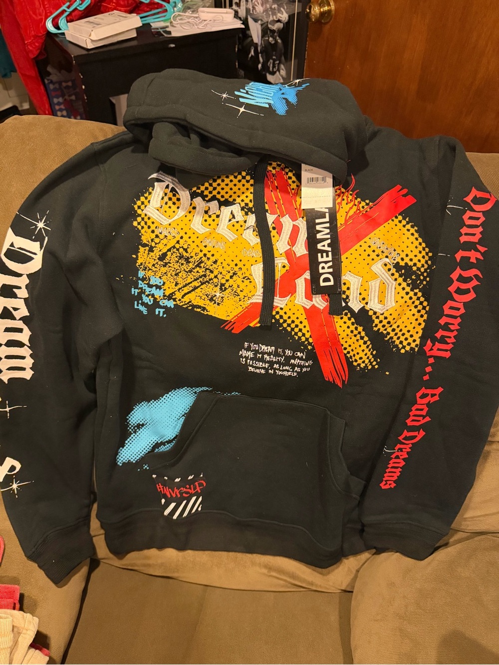 Black Graphic Crewneck Sweater with Multicolor Print